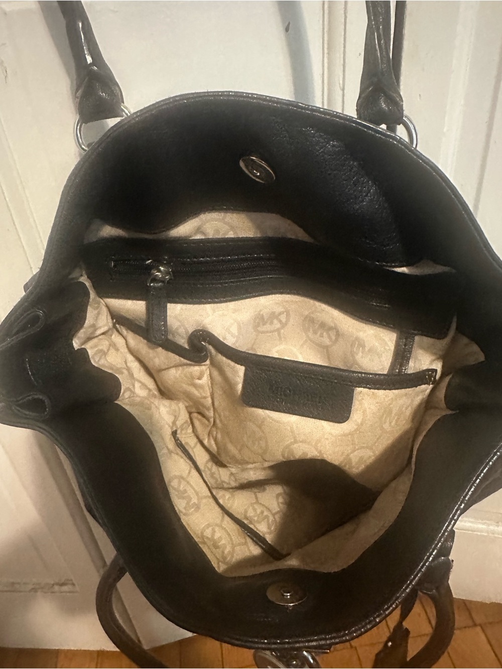 Michael Kors Black Leather Tote with Chain-Accent Strap - Picture 4 of 5